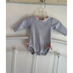 Ruffle Butts Seersucker swimsuit baby blue and white pink ruffles 6-12 months